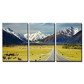 3 Piece Canvas Wall Art - Landscape with Road and Snowy Mountains, Southern Alps, New Zealand - Modern Home Art Stretched and Framed Ready to Hang - 16"x24"x3 Panels