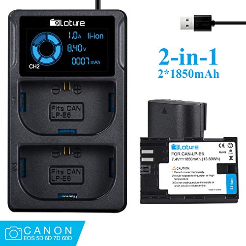 2 Pack Replacement Canon LP-E6, LP-E6N Battery PLOTURE Camera Battery Charge Compatible for Canon EOS 5D/ 6D/ 7D/ 70D/ 60D/ 60Da/7D /BG-E14/BG-E13/BG-E11/ BG-E9/BG-E7/BG-E6 Grips