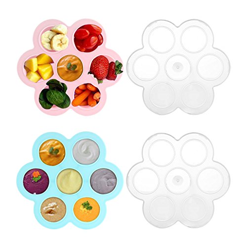 2 Packs Egg Bites Molds, Umiwe Silicone Baby Food Freezer Tray Storage Container with Clip-on Lid for Homemade Vegetable Fruit Purees, Breast Milk, jelly, pudding, ice-cubes (pink & light blue)