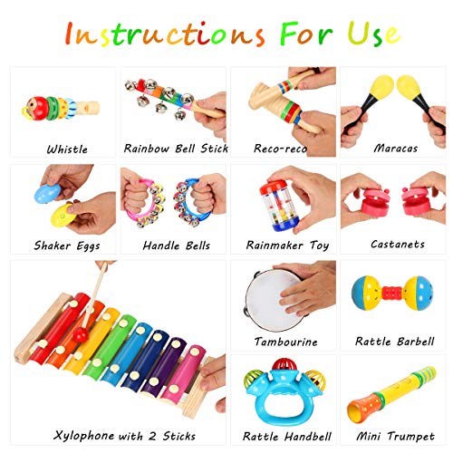 Kids Musical Instruments, ShinePick Musical Instruments Toys Set for Toddler, 20Pcs Wooden Percussion Instruments Tambourine Maracas Harmonica for Boys & Girls with Carry Bag