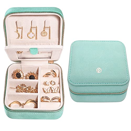 S.Leaf Travel Jewelry Organizer Boxes for Women Small Portable Necklace Earrings Bracelet Rings Travel Case Best Friend Birthday Gifts for Women Trendy (07_Suede_Touch_Mint_Green)