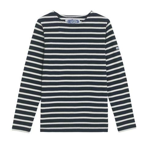Breton Shirt Co. The Nautique | Dark Blue and White Stripes French Fisherman Sailor Top Navy Long Sleeves Organic Cotton (Large 40" Chest)
