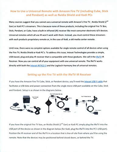 Inteset IReTV USB IR Receiver & USB Y Cable for use with F-TV, with The Inteset INT422 & Harmony Remotes (Remote not Included)