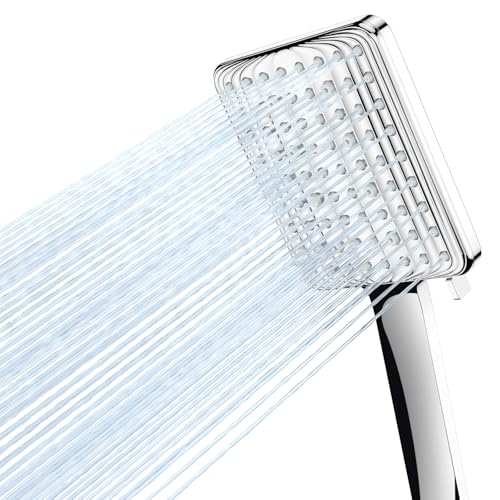 VOXON High Pressure Shower Head with 6 Modes, Square Water Saving Shower Head with One Hand Adjustment Knob and Silicone Anti-Clogging Nozzle, Chrome Plated Large Shower Head