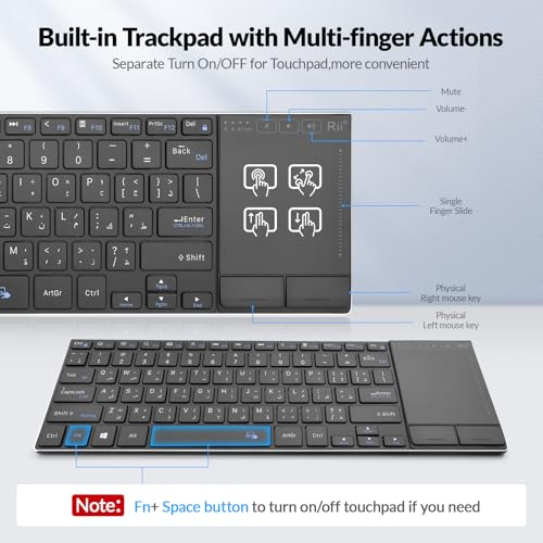 Rii Wireless Keyboard with Trackpad,Dual Mode Bluetooth Keyboard&Wireless Keyboard with Touchpad,Rechargeable Stainless Steel Ultra Slim (BT+2.4G)[Arabic layout]