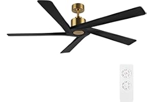 WINGBO 64 Inch DC Ceiling Fan Without Lights, 5 Reversible Carved Solid Wood Blades, 6-Speed Noiseless DC Motor, Ceiling Fan No Light with Remote, Brass Finish with Black Blades, ETL Listed