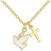 Gold Peace Dove Necklace with Cross – Pearl Enamel Holy Spirit Charm Pendant – Confirmation Jewelry, Baptism Gift, Christian Religious Necklace for Women & Teens, Personalized Faith Jewelry