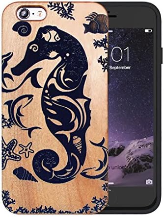 JuBeCo Patterni Design For iPhone 6/6S Plus(5.5inch),Handmade Natural Solid Wood Case+TPU Bumper (sea horse)