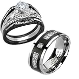 FlameReflection His and Hers Stainless Steel Women's Black Halo Round Cut CZ Wedding Ring Couple Ring Bridal Set & Men Titanium Black Plate Strip Round CZ Men's Wedding Band