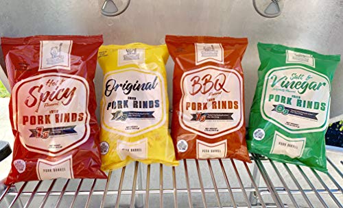 Pork Barrel Pork Rinds, Four 1.75 oz Bag Variety Sampler - Keto Friendly Snack Low Carb, Salty Chicharrones - Original, BBQ, Hot & Spicy, Salt and Vinegar - use as Pork Rind Breadcrumb