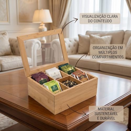 Caixa De Chá e Café Com 6 Divisórias Multiuso - Organização Elegante Para Cozinha ou Escritório Armazenamento De Especíarias e Temperos Bambú Sustentável