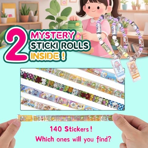 Sticky Rolls Bracelet, Sticker Roll for Girls Ages 5+, Wearable Stickers with Pendant and Bracelet, Creative, Shareable Stickers for Collecting and Sharing Fun (140 PCS)