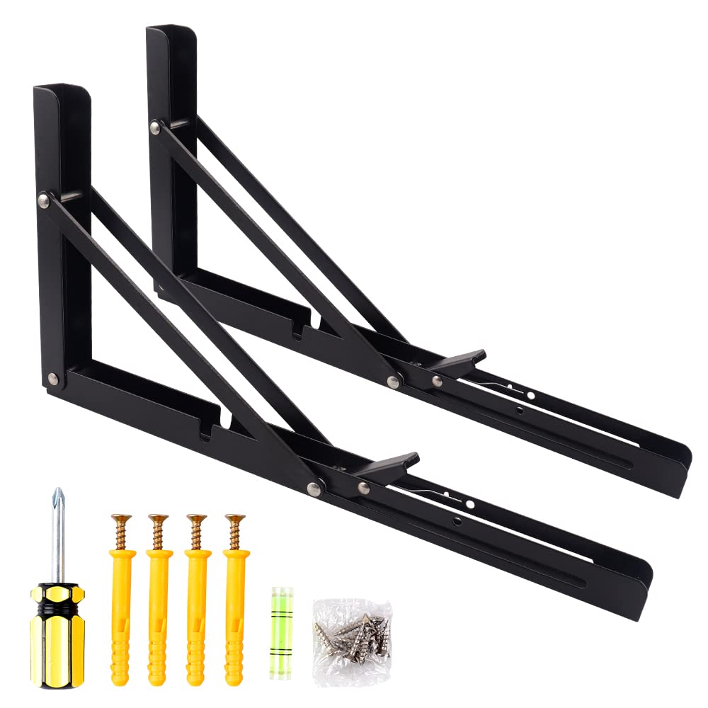 Oudtinx 2PCS Folding Shelf Brackets,Heavy Duty Triangle Shelf Bracket for Bench Table,Wall Mounted Standing Shelf Brackets for Saving Place,Multi Size 14" Black