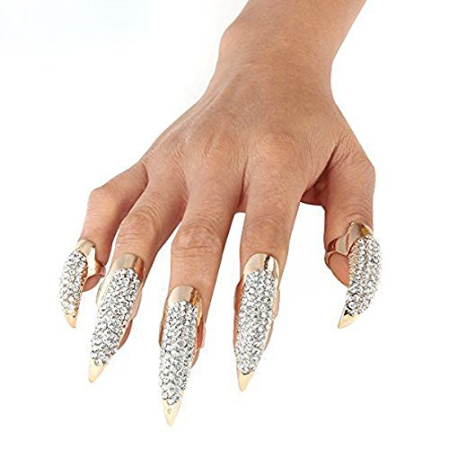 LOHOME Set of 5-pieces Retro & Punk Finger Eagle Claw Ring - Bend Crystal Rhinestone Paved Fingertip Paw - False Nails Set for Halloween & Cosplay