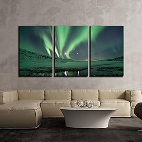 3 Piece Canvas Wall Art - Green Northern Lights Over Mountain Covered with Snow - Modern Home Art Stretched and Framed Ready to Hang - 16"x24"x3 Panels