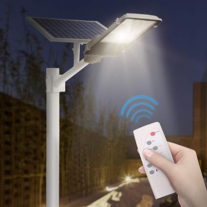 solights farola solar led exterior impermeable ip65 lamparas solares 50w 150w con panel fotovoltaico inclinable y mando a distancia sensor crepuscular