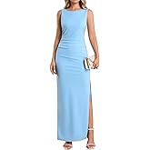 HTZMO Women Elegant Summer Bodycon Maxi Dress Crew Neck Wedding Guest Formal Cocktail Party Long Dresses
