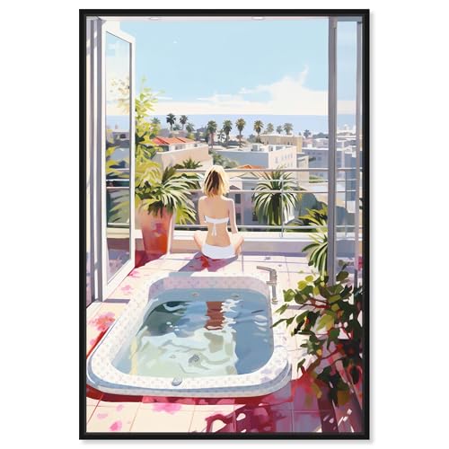 Art Remedy Jacuzzi Mornings Canvas Tropical Bathroom Wall Art, Black Frame, 20"…