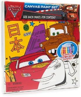 Disney Paint Set Art Pixar Cars 2 10" X 10" Canvas 2 Brushes 5 Acrylic Paints
