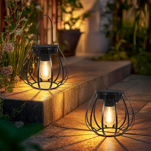 Dehobo Outdoor Solar Lanterns – Pot Shape Solar Lamp IP65 Waterproof 2 Pieces – Metal Solar Lights Outdoor Garden Vintage Hanging for Garden, Balcony, Camping and Decoration, Halloween