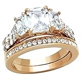 FlameReflection Rose Gold IP Women Wedding Engagement Ring Set Three Stone Stainless Steel Emerald Cut Cubic Zirconia (Some with Stud Earrrings)