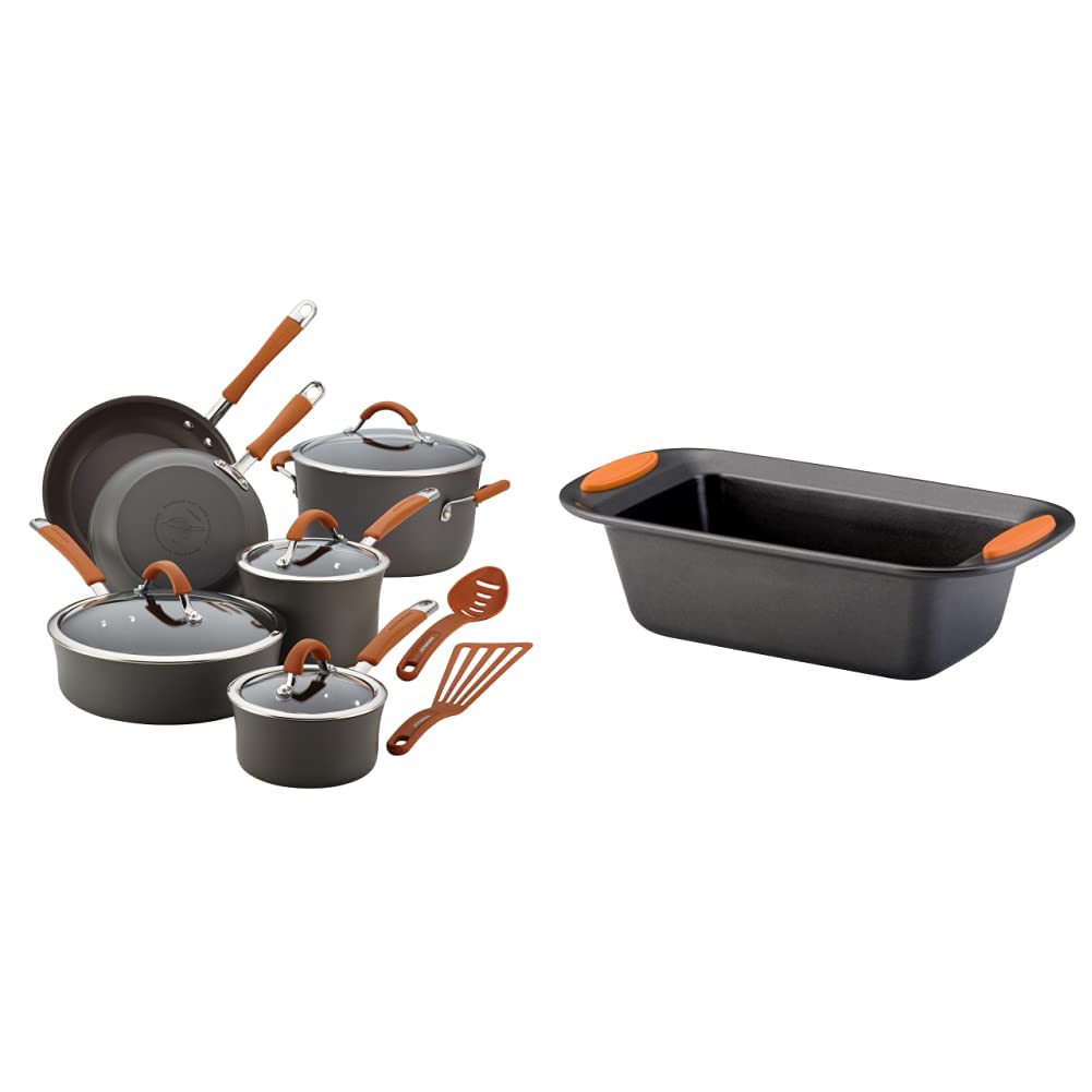 Rachael Ray Cucina Dishwasher Safe Hard Anodized Nonstick Cookware Pots and Pans Set, 12 Piece, Gray & Yum-o! Bakeware Oven Lovin' Nonstick Loaf Pan, 9-Inch by 5-Inch Steel Pan, Gray Image