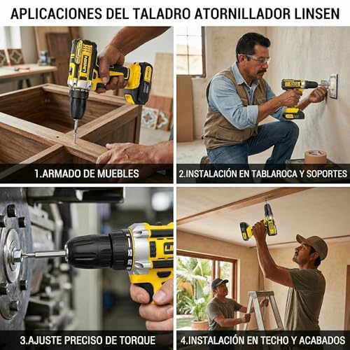 LINSEN Taladro Inalámbrico 21V con 2 Baterías, 0-1500 RPM Velocidad Variable, 18+1 Ajustes de Torque, Kit de Taladro Profesional con Extensión Flexible para Perforar y Atornillar