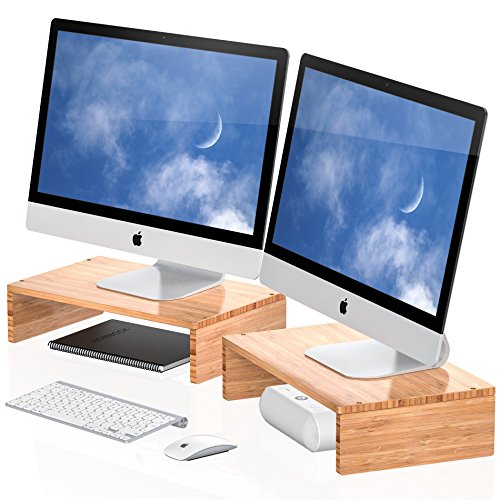 Well Weng Dual Monitor Riser Bamboo Desktop Stand for Computer,Laptop,Printer,iMac,Component