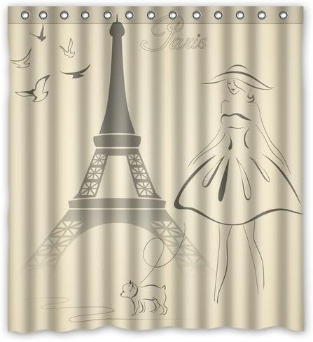 Fashion Custom Romantic Paris Eiffel Tower and Elegant Lady Waterproof Polyester Fabric Shower Curtain 66 x 72