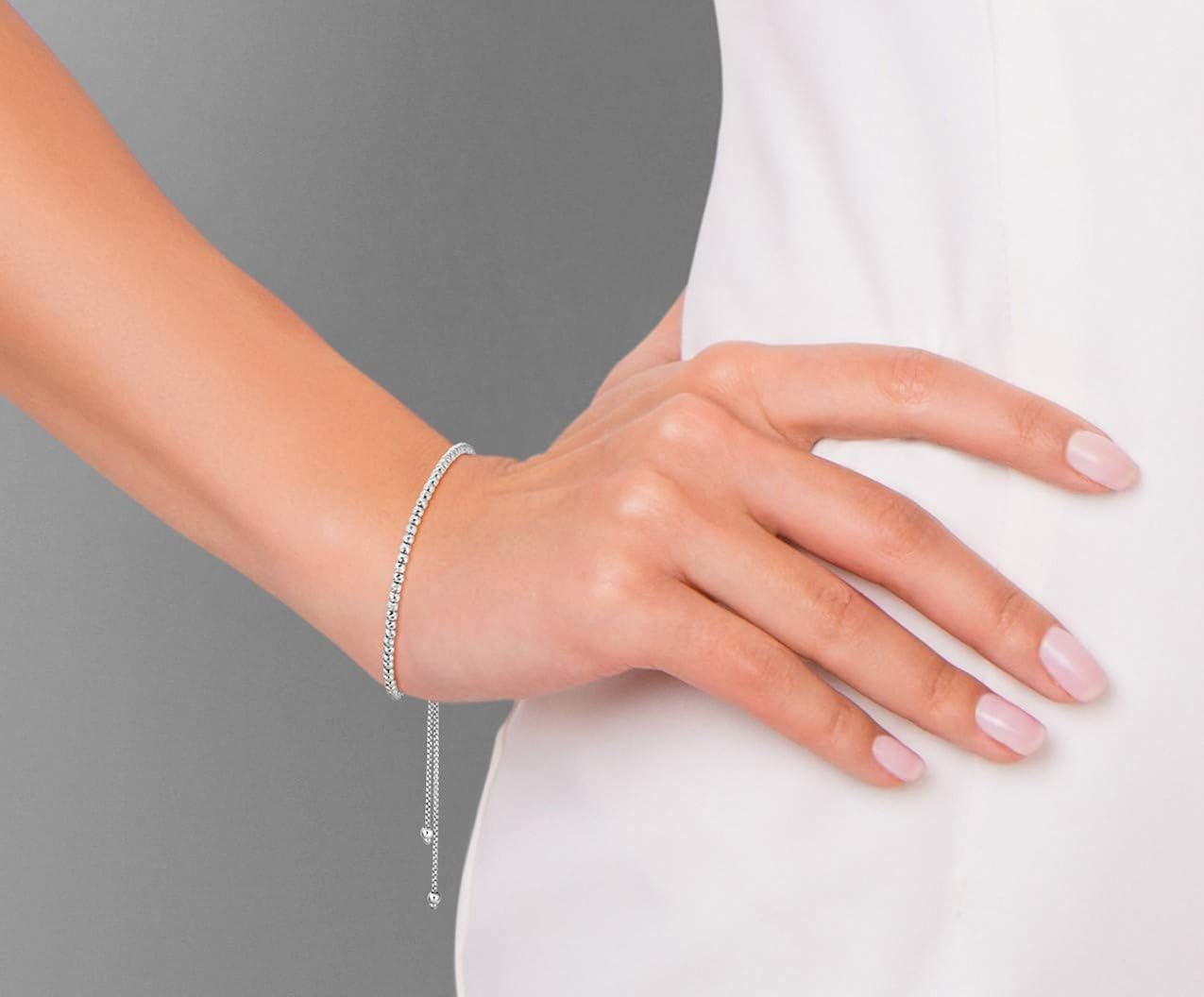 Miabella 925 Sterling Silver Diamond-Cut Adjustable Bolo 2.5mm Bead Bracelet for Women, Handmade Italian Beaded Ball Chain Bracelet, Choice White, Yellow or Rose (Sterling Silver): Jewelry
