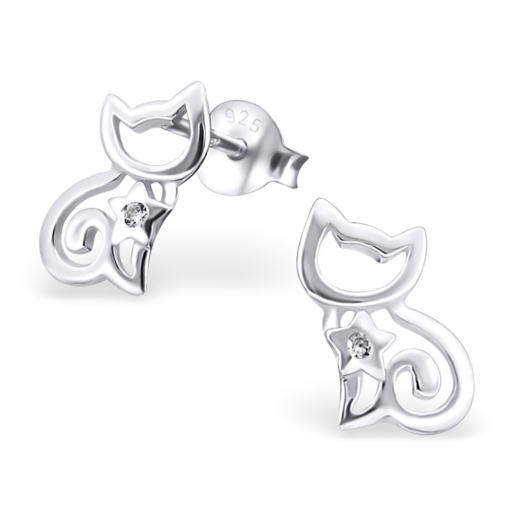925 Sterling Silver Cat Stud Earrings for Women & Girls – Cute Kitten Jewellery, Gift Boxed
