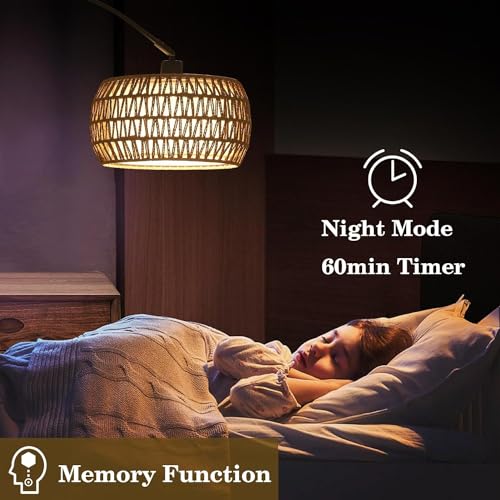 Homodoskey Arc Floor Lamp for Living Room with 3 Color Temperatures,Floor Lamps with Remote & Dimmable Bulb, Boho Standing Lamp with Rattan & Fabric Shade, Adjustable Tall Lamp for Bedroom, Office (A)
