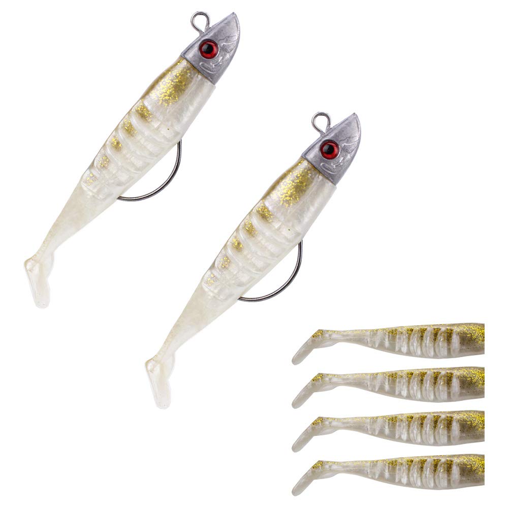 HiChuAng Soft Plastic Fishing Lures for Pike Perch Bass, 2 Sets Metal Head Fishing Jigs with 4 Replacement Baits, Realistic Soft Swimbaits for Freshwater & Saltwater Predator Fishing