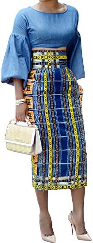 Womens African Print Plaid Midi Skirt Bodycon High Waist Floral Knee Length Pencil Skirts