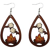 ROSTIVO Campfire Marshmallow Earrings for Women – Lightweight Wooden Drop Dangle Earrings – 3.5" Teardrop Campfire Jewelry for Camping Lovers