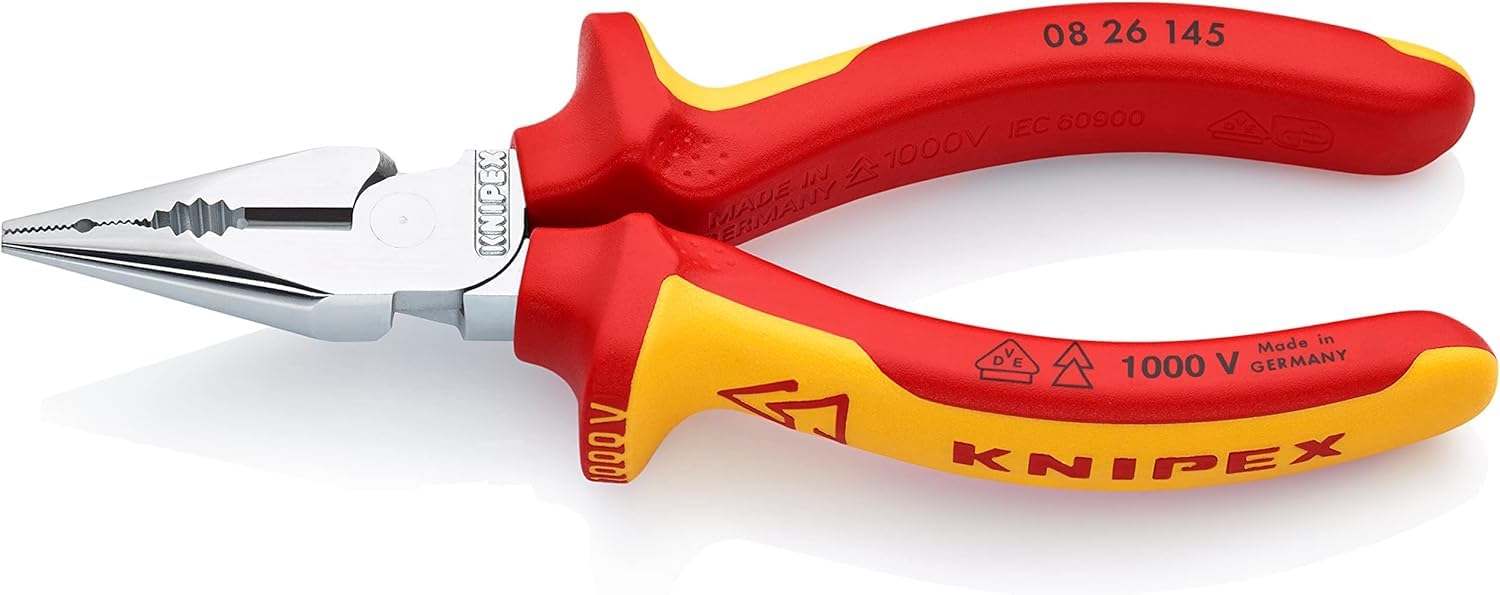KNIPEX Needle-Nose Combination Pliers Chrome-Plated Insulated with Multi-Component Grips, VDE-Tested 145 mm, 08 26 145