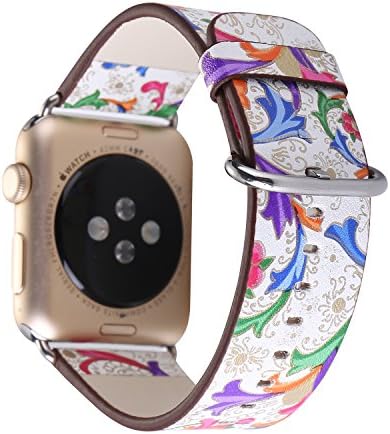 Flower Prints PU Leather Wrist Watch Band Strap for Apple Watch 38mm Series 1 and Series 2 Bracelet Replacement. (White Blue)