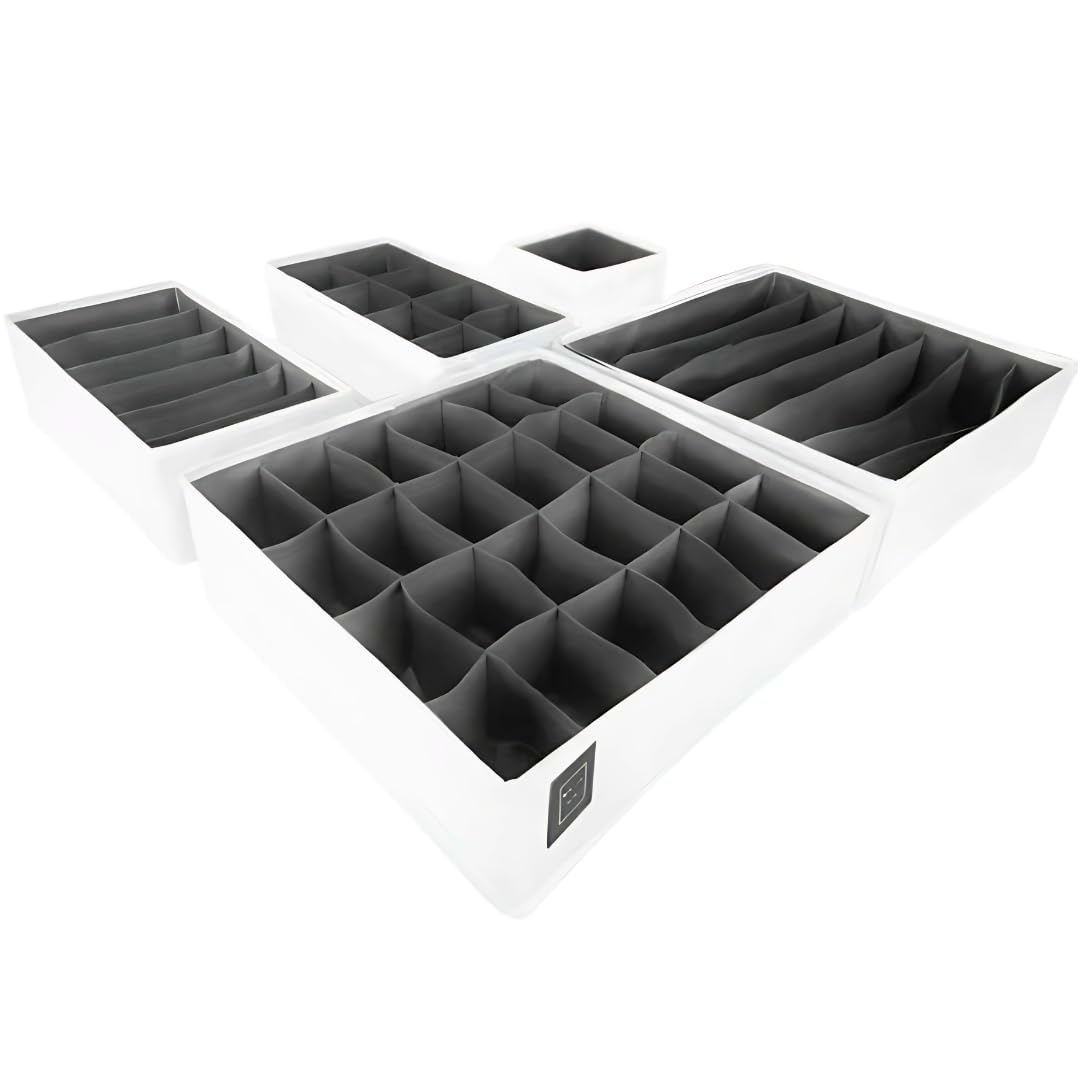 Bermondsey Division Set of 5 Drawer Organiser Divider White Charcoal Grey Drawer Divider Clothes Drawer Organisers Wardrobe Organiser Underwear Storage Drawer Dividers Draw Organizer (White/Grey)