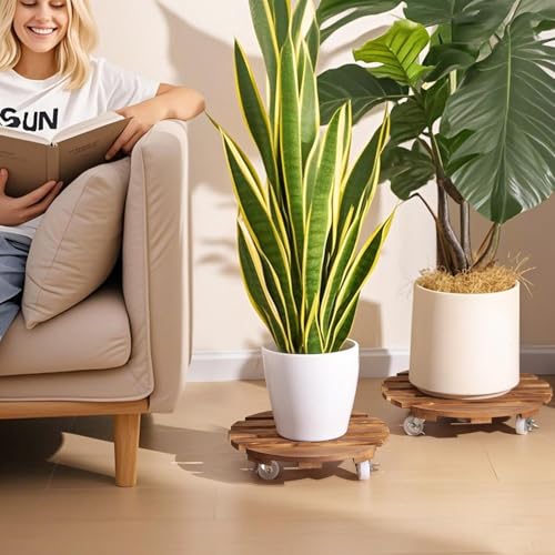 Plant Caddy, 2 PCS 14" with 5 Wheels, Rolling Plant Stand 220 LB Heavy Duty, Wooden Plant Dolly with Metal 360° Lockable Caster Wheels, for Outdoor Indoor Large Plant Pots, Flower Pot, Patio (Round)