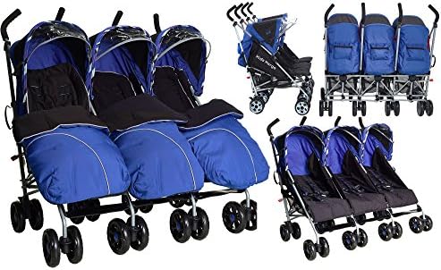 Kids Kargo Triple Pushchair with Raincover & Safety Strap Reflector Strips, Black with Silver footmuffs