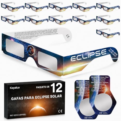Gafas Eclipse Solar Homologadas,2026 paquete de 12 gafas de eclipse solar para visión directa del sol, certificado ISO 12312-2:2015(E) y CE