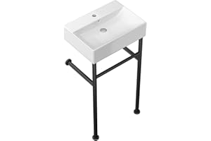 Talllor Console Bathroom Sink - 20" x 14" Black Free Standing Bracket Stainless Steel Support Pedestal Legs Wall Mount White Rectangular Vessel Sink Ceramic Vanity Basin #TLCSC-004