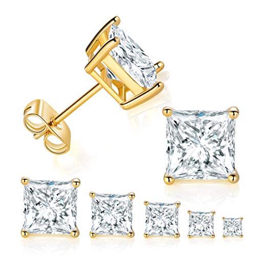 5 Pairs 14K Gold Plated Princess Cut Clear Cubic Zirconia Stud Earring Set for Women Men