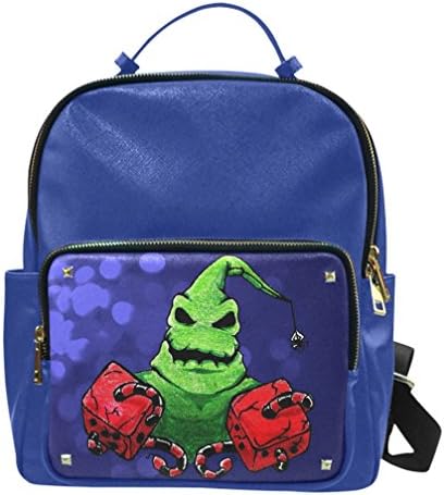 Genuine Taiga Leather College Backpack Casual Daypacks with Oogie Boogie Man Holing Dice Print