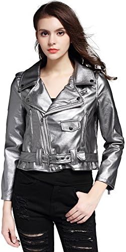 LIENZY Women's Leather Silver Slim Jacket Zipper Biker Coat (XX Large)