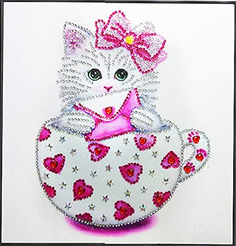 Diamond Painting DIY 5D Special Shape Rhinestones, ABEUTY Pink Kitten in The Cup, Partial Drill Crystal Diamond Art Kits