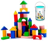 Cubbie Lee 50 pc Classic Wooden Building Blocks Set w/ Storage Bucket - for 3, 4, 5 Year Preschool Age Kids - Hardwood Colorful Safe Wood Blocks for Boys & Girls - Basic Build & Play Stacking Toy