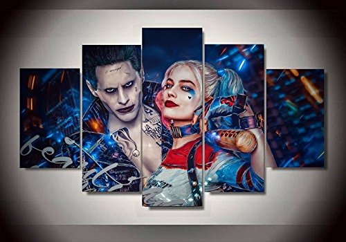 [Small] Premium Quality Canvas Printed Wall Art Poster 5 Pieces / 5 Pannel Wall Decor Squad Joker With Harley Quinn Painting, Home Decor Pictures - With Wooden Frame