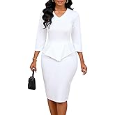 Ophestin Midi Dresses for Women Work Bodycon Pencil Dress Peplum 3/4 Sleeve V Neck Office Church Cocktail Sheath Dress