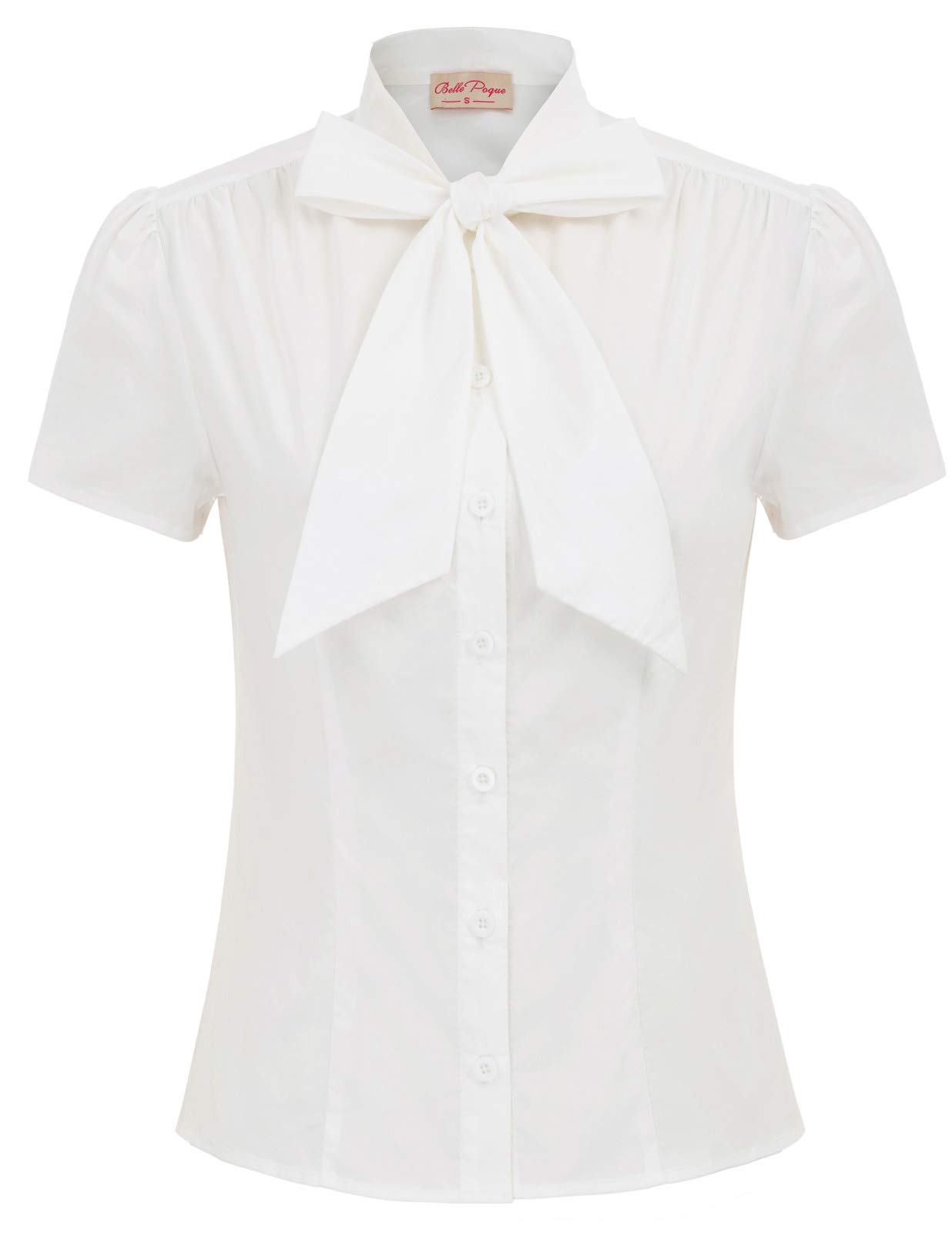 Belle PoqueSummer Short Sleeve Office Button Down Blouse Stripe Shirt Tops with Bow Tie BP573